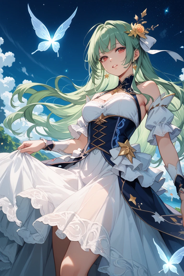 (best quality,4k,8k,highres,masterpiece:1.2),ultra-detailed,(realistic,photorealistic,photo-realistic:1.37),cute girl,long white dress,fairy,deer antlers,big breasts,wings,simple background,long green hair,illustration,light and shadow,harmonious,subtle colors,soft lighting,dreamy ambiance