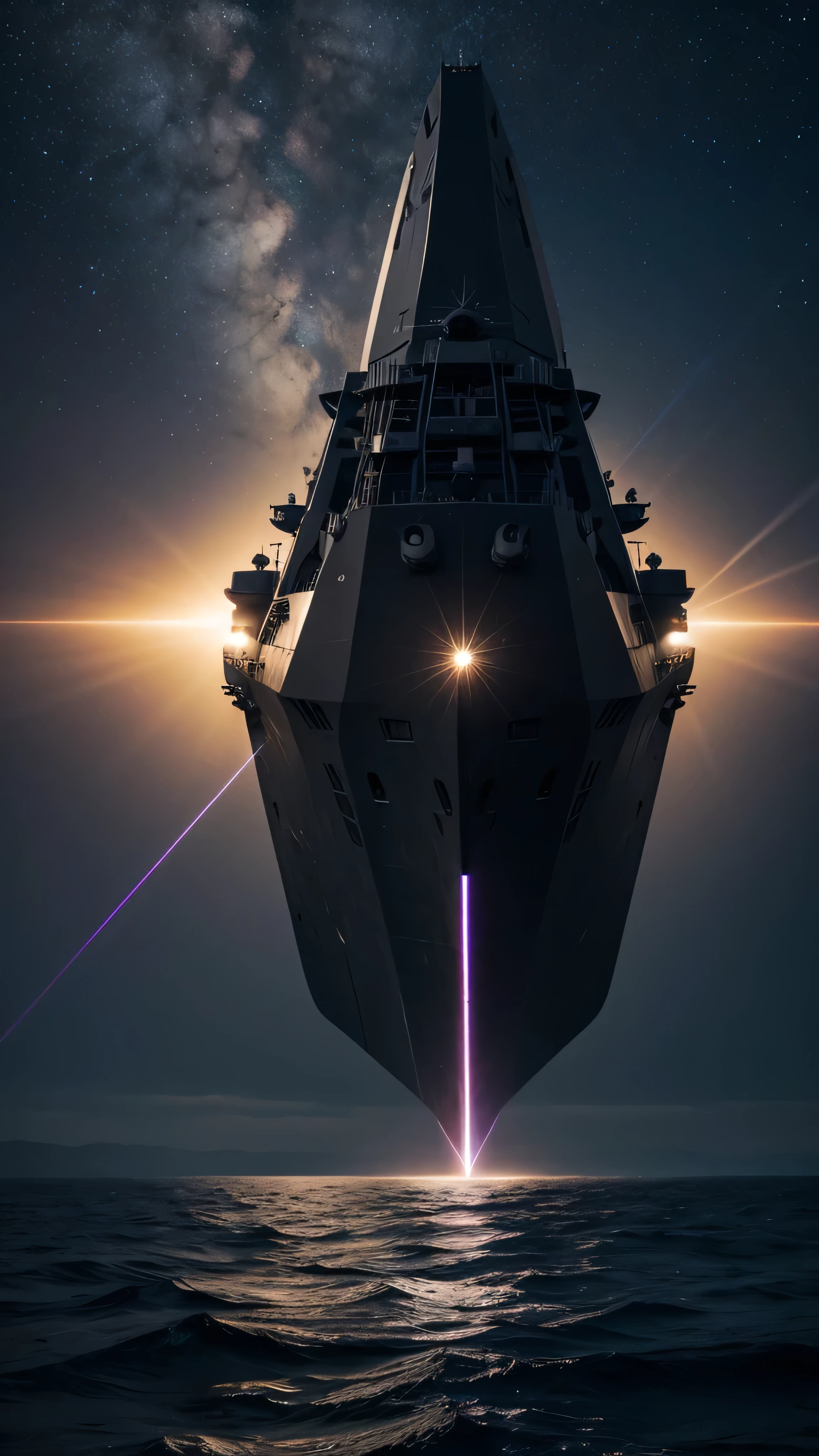in high-definition images、 sea at dawn where you can see the Milky Way galaxy , Aegis、(Aegis System ( Arleigh Burke Class Aegis Destroyer with Aegis Weapons System : AWS)Arleigh Burke class Aegis destroyer equipped with、) Clear sky and endless sea , The height of the waves is 3 meters , Full moon floating in a bright sky , Phased Array Radar , Aegis emits laser light、 , laser light like lightning 、 Unreal Engine , cinematic lighting, Supernatural, 真ん中の Aegis、