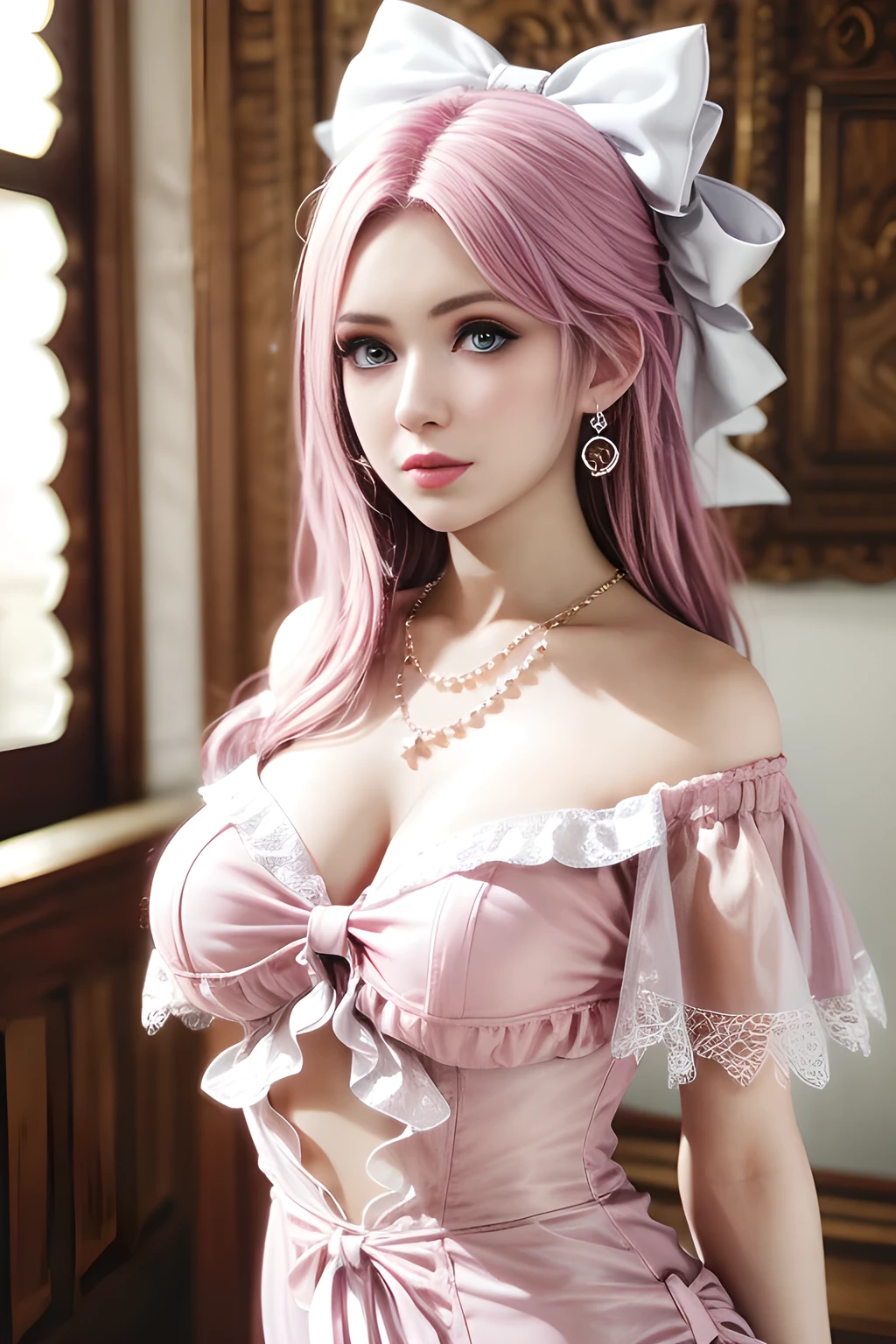 8K, masutepiece, Raw photo, Best Quality, Photorealistic, Highly detailed CG Unity 8k wallpaper, depth of fields, Cinematic Light, Lens Flare, Ray tracing, (Extremely beautiful face, Beautiful lips, Beautiful eyes), intricate detail face, ((Ultra detailed skin)) 1girl in, In the Dark, deepshadow, Cute little girl s, ((Looking at Viewer)), (seducting smile), (Blurry background), earrings, Bracelets, Necklace, Clear eyes, Bedroom, Front shot, (pale skin), Face forward, (Big eyes), ((upperbody shot)), ((babydoll, corsets, Lace fabric, Ribbon ruffles)), (Camel toe,  shape), (A pink-haired:1.3), (double ponytails), (large boob:1.3), ((Smile)), ((Camel toe)), see through,