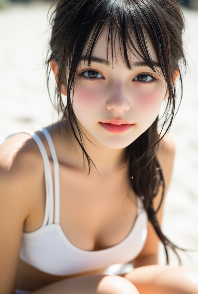 (Perfect Anatomy:1.2)(Absurd, High resolution, Super detailed),masterpiece,Highest quality,High resolution,8k,Realistic Face,Realistic skin texture,Expanded Texture, ,Amazing clarity,high school girl,Cowboy Shot,View the viewer、blush、From below、Background is sky、Looking down at the ground from above、On all fours