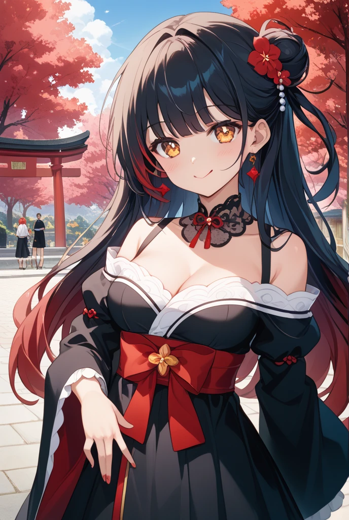 Long、Dark hair、Black eyes、Healthy skin、White demon horns from the forehead、Black kimono、large full breasts、big butts、a cool、folding fan、Japanese-style house、sitting on tatami、Bewitching smile、cherry trees