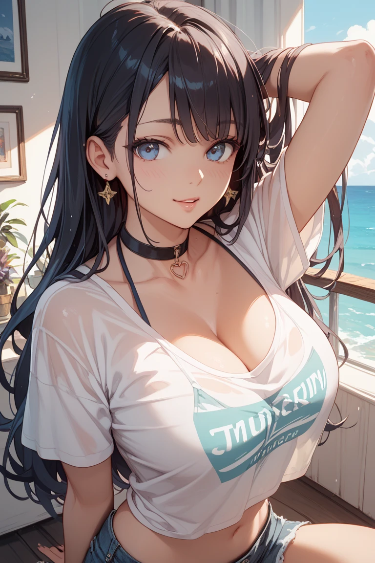 ​(Highest quality, 8k, masterpiece:1.3,beautiful girl), (masterpiece:1.3, Highest quality, Ultra-high resolution, Very detailed),Beautiful body, Beautiful breasts, Beautiful thighs, Beautiful legs, Beautiful fingers, Glowing Skin,(((Long Hair,Black Hair,Beautiful Hair))),(Anatomically correct, Very detailed肌),  Perfect Face, Perfect Eyes, ((Perfect Fingers, Five Fingers)), ((Tan marks on bikini)),Healthy Body,((White tube top,Light jacket,Jeans Shorts)),Brown Skin:1.4,Beach,Stretch your arms up:1.3