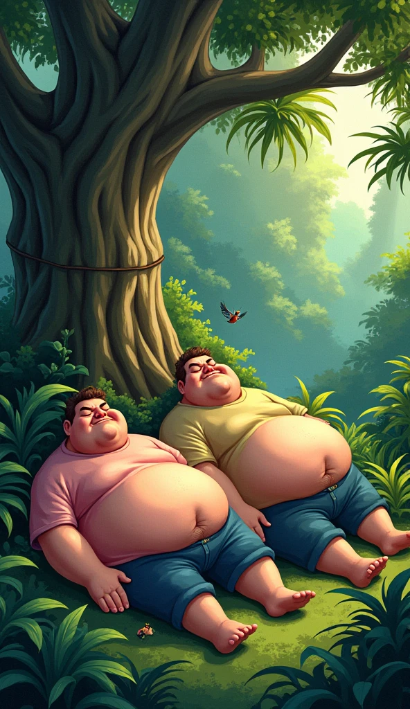 Fat and ugly Tarzan hanging from a vine hugging a handsome doctor and eating yuca