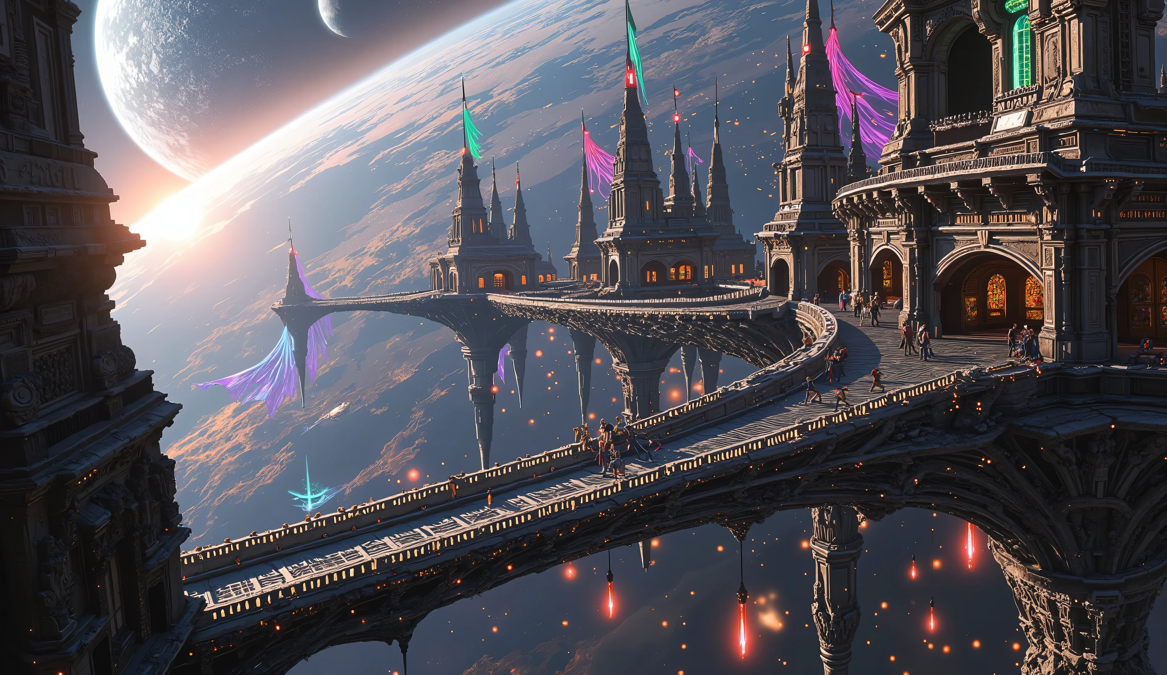 Epic wide-angle view of a medieval castle space station, orbiting Earth with holographic flags waving in space, knights with plasma swords walking along stone ramparts, stained glass glows with digital effects, concept art in Simon Stålenhag style, cool and warm lighting contrast, highly realistic, grand scale artwork.