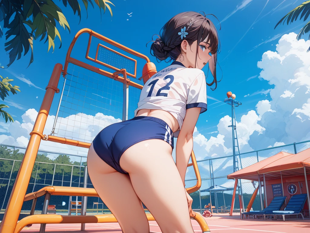 a girl sitting on gym cycle saddle, tennis-wear, skirt, white panties, ass, looking back,