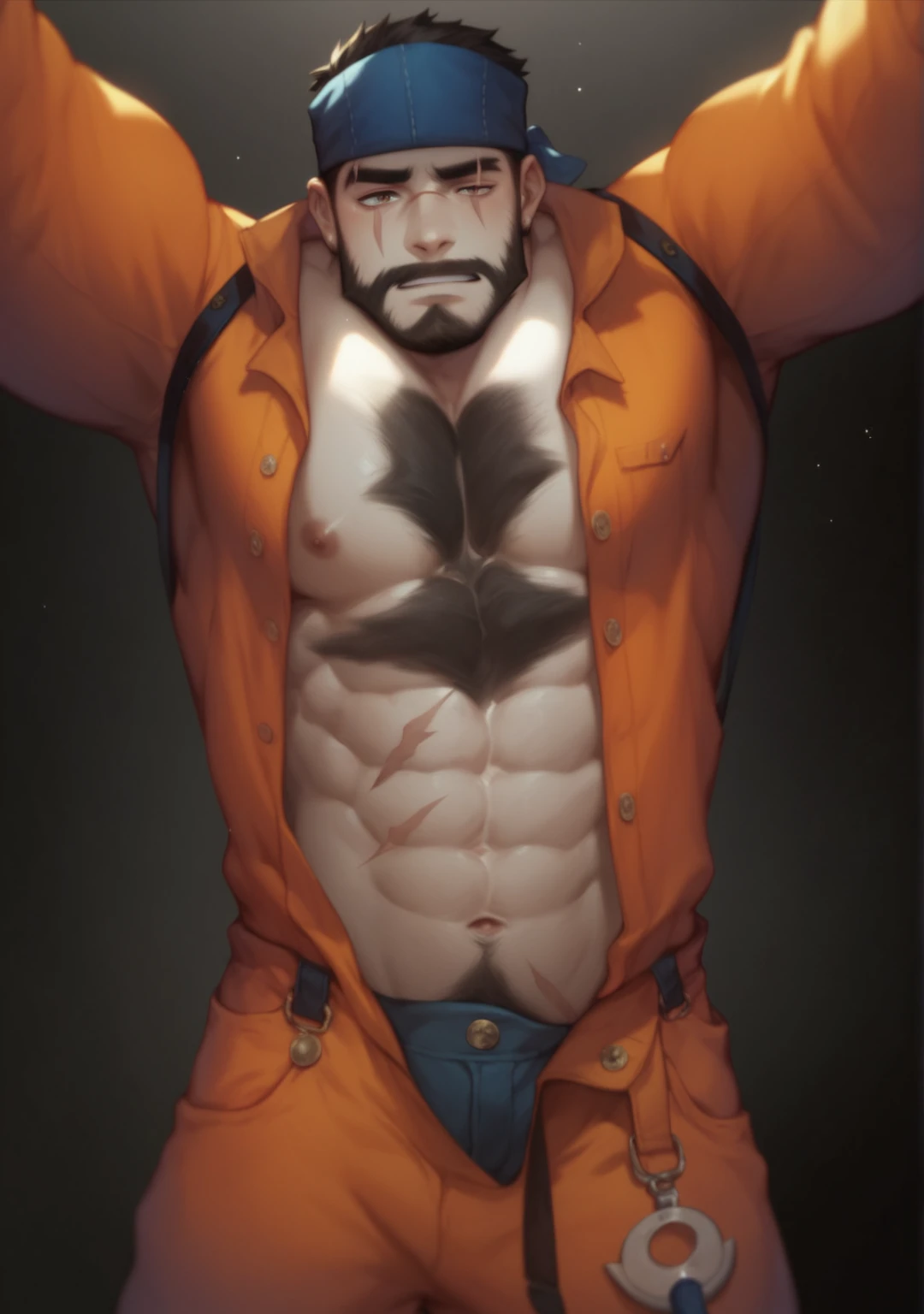 (NSFW: 1.5),(Create a masterpiece: 1.2),(CGI art:1.3),(realistic:1.5),(After processing:1.3),(Sharp focus:1.3), (man Fight:1.5) , shoot guns, (join in battle:1.5 ), (Close your eyes.), Open mouth, show teeth, , straight, front ,Chris Redfield ,(black hair), open mouth, (Wear color navy round neck T-shirt: 1.5), (with a Police badge: 1.2), navy cargo, (Torn shirt:1.4), (wound: 1.3) , (blood splatters) ,( abrasions on face: 1.2), (Blood stains on the face and body: 1.2), Korean guy , korean men, (High gloss details), chest muscles, large arm muscles, blood vessel, Big muscles, Broad shoulders, looking at the audience, Balancing the eyes, Jail for rent , (genital very long big : 1.5), (Big testicles), (Erection of the penis: 1.5), ,(Fire blazes behind),(Many leech worms:1.8) ,(open mouth:1.6)