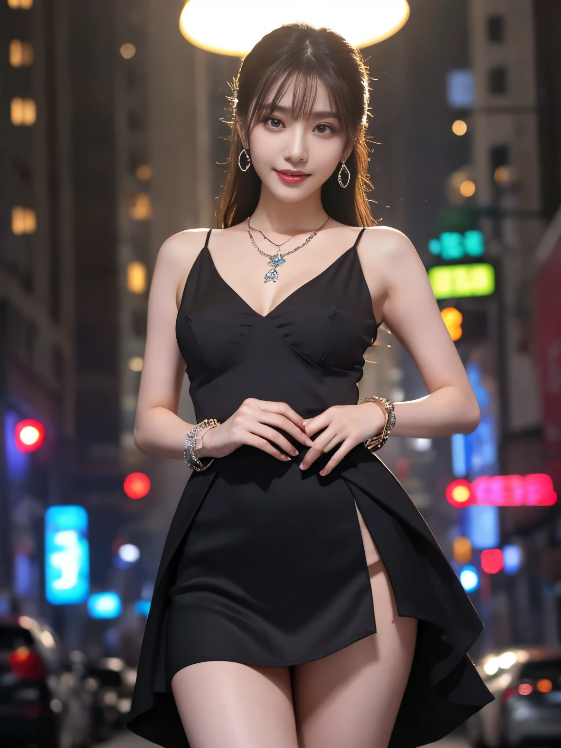 ulzzang-6500-v1.1, (Raw photo:1.2), (Photoreal), (genuine: 1.4), (super realistic pantyhose:1.3), woman,20-year-old,,city,night,(((Sexy silk dresses))),,open mouth smile(())(See-through),(()),((black hair)),blush、surprised face,((())),(())(wet with sweat)