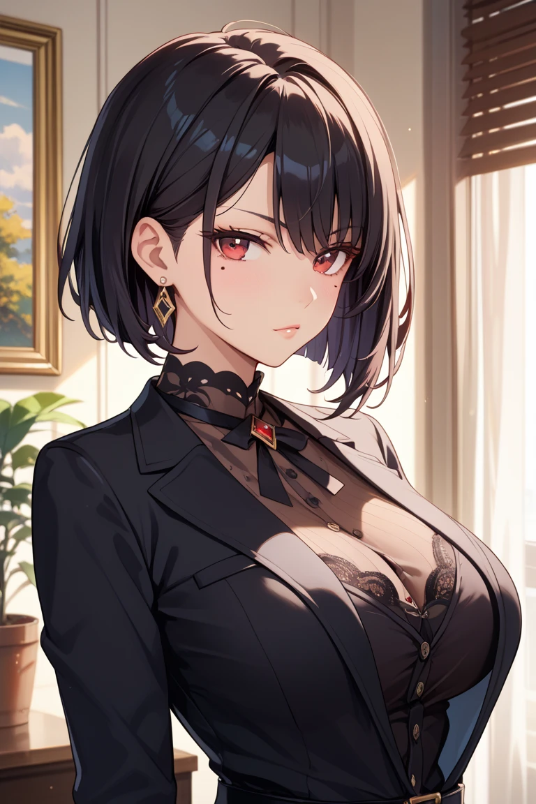 Beautiful girl, short black hair, red eyes, black suit, cleavage,