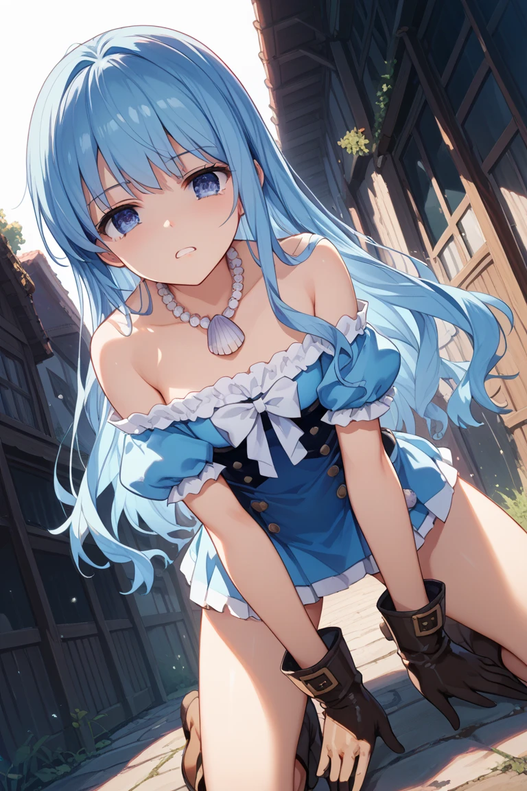 NSFW,masterpiece,Highest quality,High resolution,Super detailed,Roxy Migurdia\(Mushoku Tensei ~If you go to another world, you'll get serious~\),Small breasts,Blue Eyes,Blue Hair,Long Hair,Braid,Twin Blade,shirt、Long sleeve、Black Skirt,Torn clothes,Iron Collar,(slave),Embarrassed,sexual excitement,Estrus,blush,Scared,Climax face,((Squirting)),Sweat,heart,Jail,prison,(male),Having sex,Insert,Creampie,Massive ,Chained
