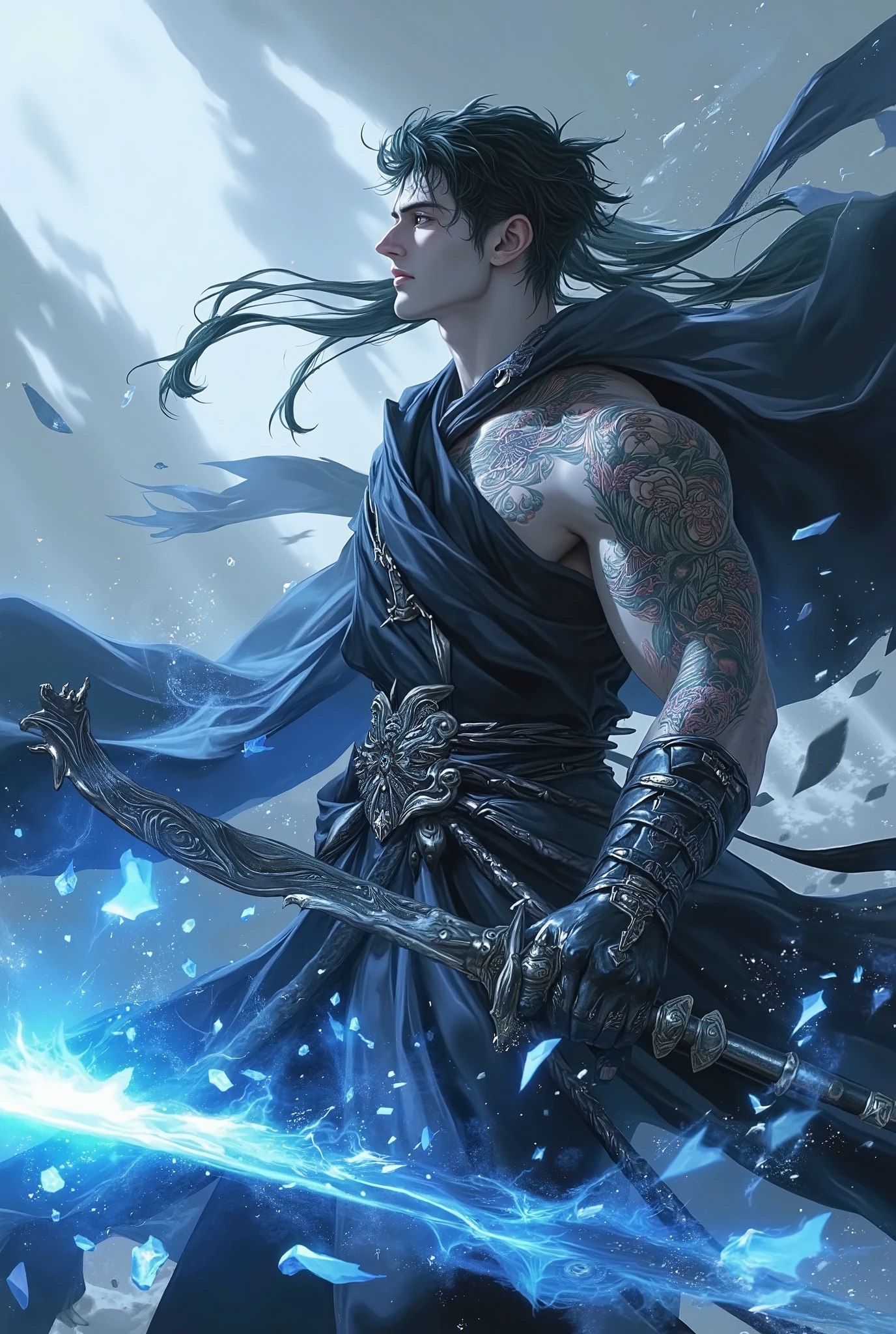 Flowing fabric
Glowing blue sword
Broken energy particles
Mythological samurai
Tattooed fighter