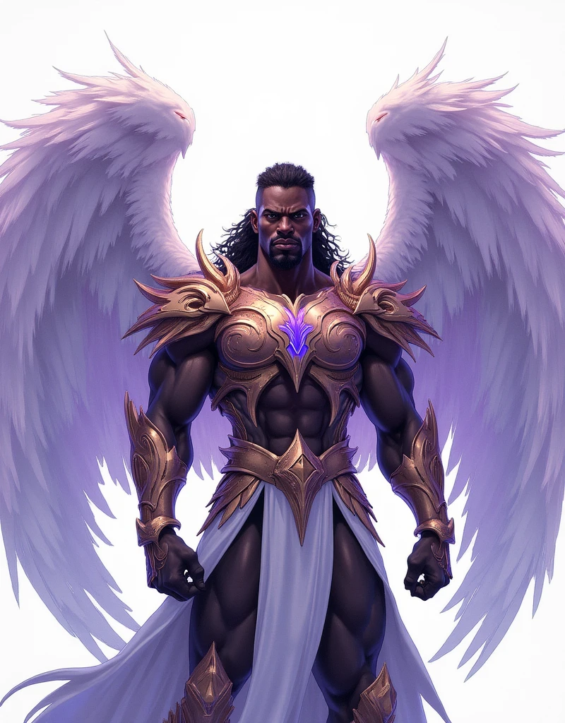 buff african angelic being covered in futuristic warrior clothes, eyes on fire, 2 sword handles behind his back