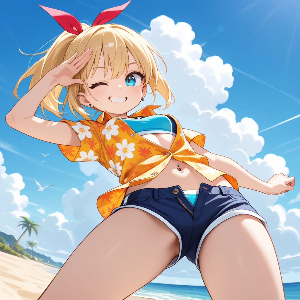 Sunni Gummi, bear, anthro, girl, young, blue eyes, detailed body fur, looking at you, red nose, clear yellow body fur, small breasts, clear yellow hair, detailed face, detailed eyes, detailed body, perfect lighting, perfect shadows, perfect eyes, perfect hair, perfect face, gorgeous body, detailed hands, glistering body, shiny body, spectacular effect, :3, solo, ((pink frilly bikini)), beach, clear sky, straddle view, down angle, armpits, sexy pose, top less, penis, bulge, cum covered