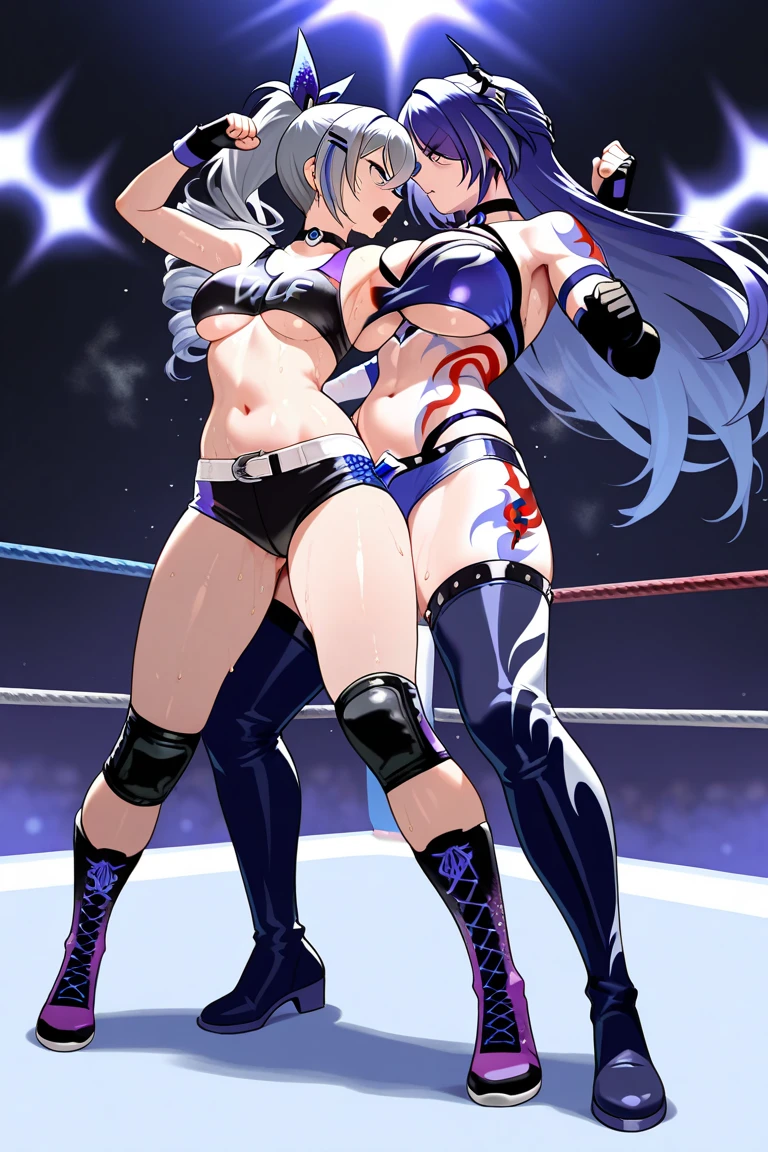 ((masterpiece)),((best quality)),(ultra-detailed),(an extremely delicate and beautiful),detailed backgroud, ((((1woman,tall stature)))and(((1muscular boy,tall stature)))),((((hetero)))),(height difference),(((wrestling ring))), (1woman),((((silver wolf/(Honkai:star rail/)))),(curvy:1.4),(huge breasts), pale skin,shiny skin, long hair,ponytail ,drill hair,hair between eyes, eyewear on head, navel, midriff,((She wears jacket, black jacket, sunglasses, gloves, black gloves, fingerless gloves, shorts,black shorts, shirt, white shirt, choker, crop top, fur trim)),(rolling eyes:1.4),(ahegao),(trembling),clothing aside, ((((hug from behind)))), sex from behind, standing sex, ((((motion lines)))), vulgarity, clothed,(cum in pussy:1.4),cum on clothes,cum on breasts,cum in mouth,cum on hair,(excessive cum:1.4), ((((1muscular boy)))),large penis,dark-skinned muscular boy,interracial,