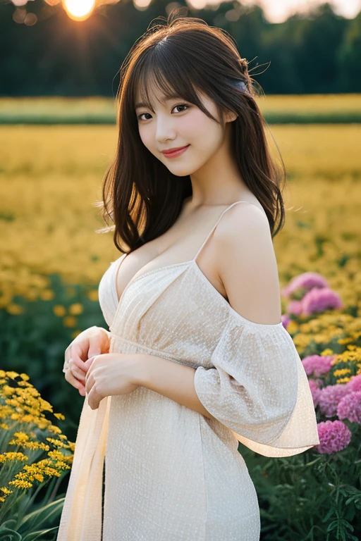 cleavage,Best quality, masterpiece, ultra high res, (photorealistic:1.4), raw photo, 1girl, white dress, off shoulder, yellow flower field, glowing skin, light smile
