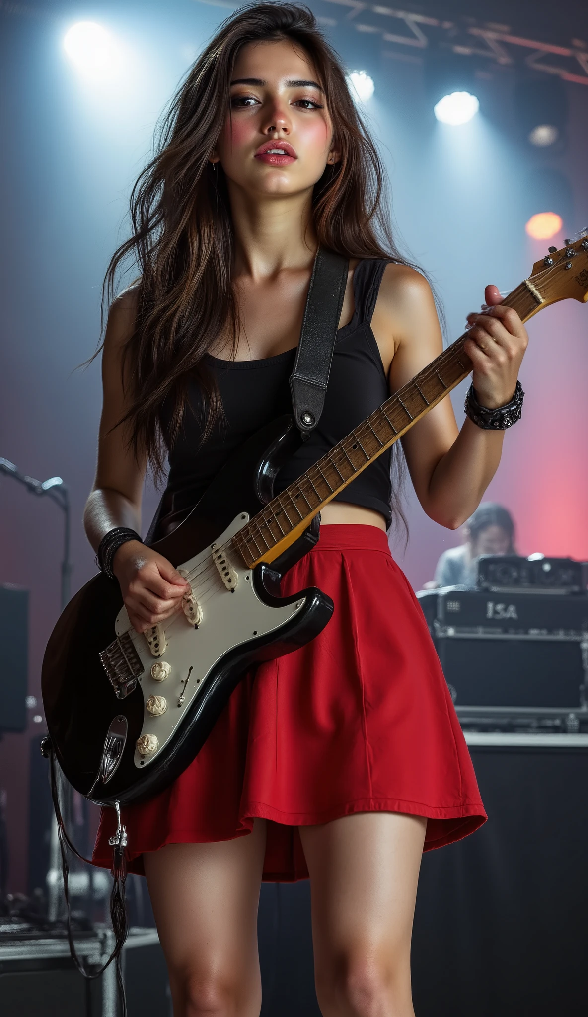 a female rocker in short red skirt is singing and playing electric guitar on stage