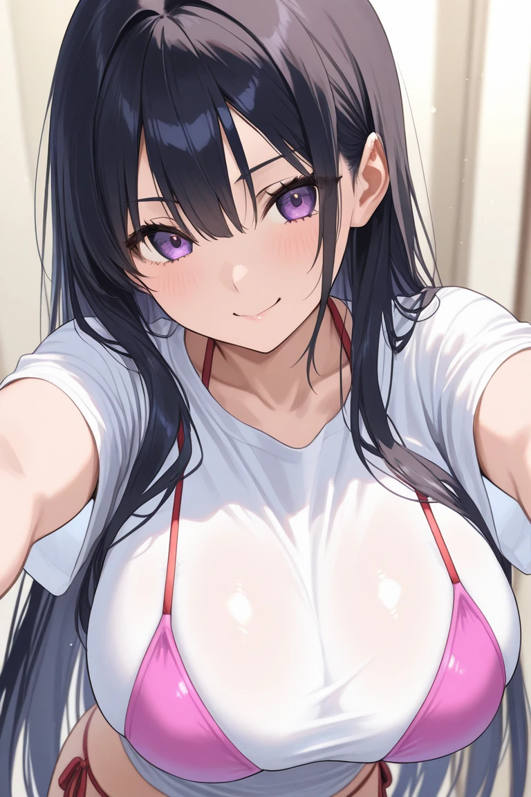 Highest quality, masterpiece, (Lean forward:1.4), 1 girl, Underarm, Cleavage, Expand your chest, Captivating smile, (blush:1.1)、Long black hair,Big Breasts