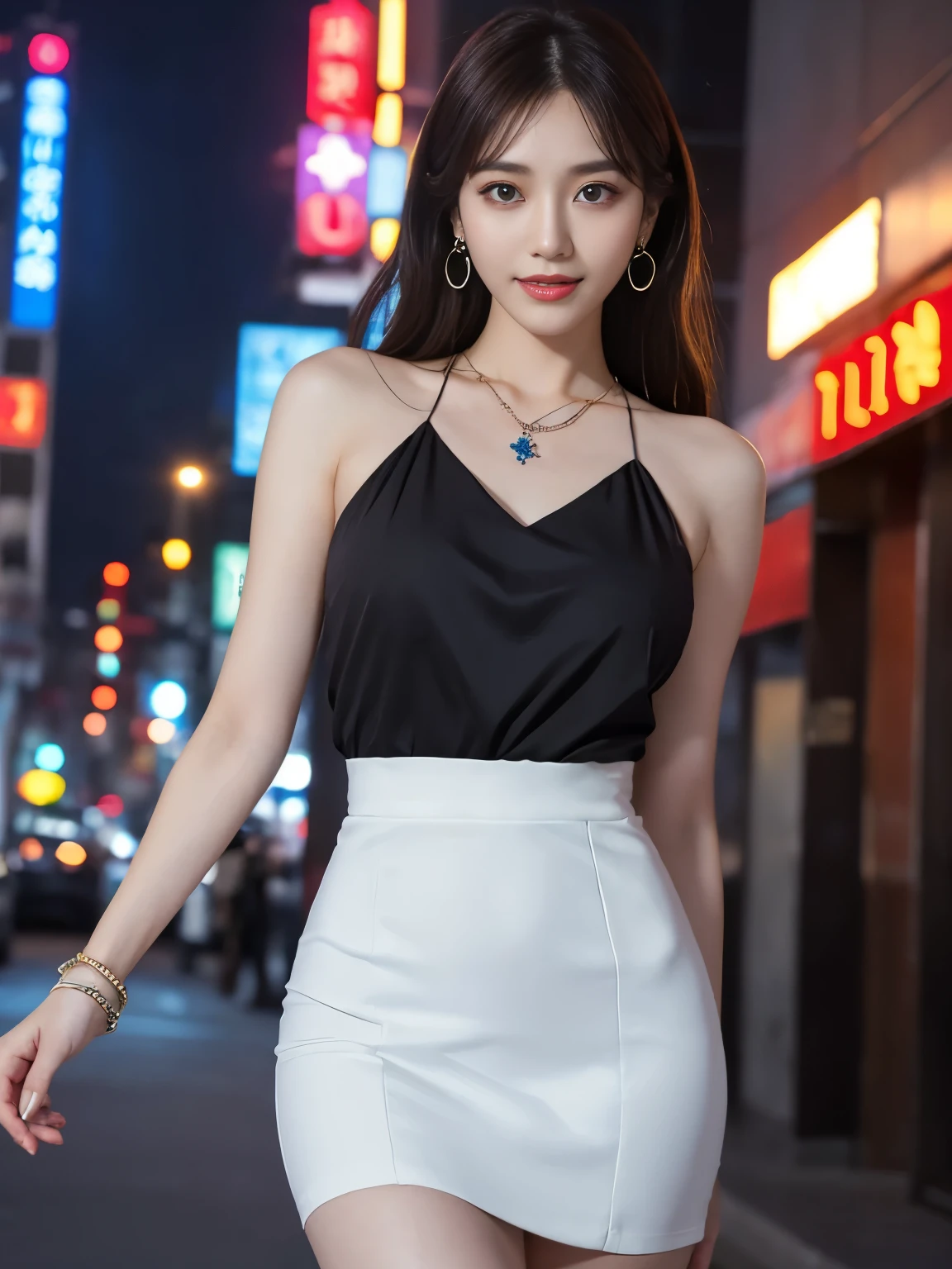 Yinzipin,China dress, ((whole body)), ((From below)), ((Jiufeng,Exposing shoulders)), ((The skirt is short)),((Leaking beautiful legs)), Clear Face, Pretty face, 8k, masterpiece, Original photo, highest quality, detailed:1.2,real, detailed, Very detaileded, CG, Unity, wallpaper, Depth of written boundary, Movie Light, Lens flare, Ray Tracing, (Very beautiful face, Beautiful Lips, Beautiful Eyes), complicated, detailed face, ((ultra detaileded skin)), 1 girl, In the Dark, Deep Shadow, Beautiful Korean Girl, K-Pop Idols,(Very slim figure:1.3), Ample breasts, Slim sexy legs, Graceful posture, (Bright smile), (City night, (Neon Light), (night), Beautiful Korean Girl, White Diamond Earrings, Diameter Bracelet, Deer Necklace, Clear Eyes, Look forward, (Big eyes)