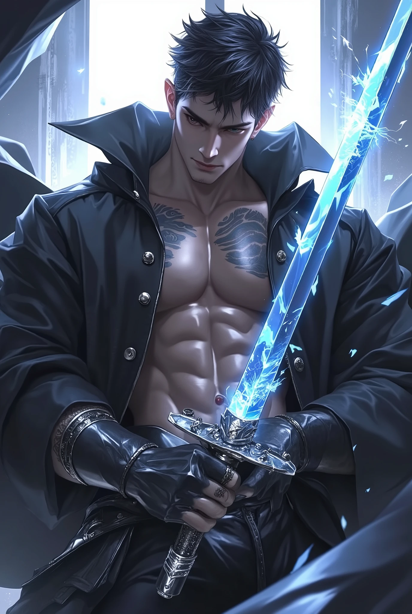 Flowing fabric

Glowing blue sword

Broken energy particles

Mythological samurai. Handsome samurai

Muscular warrior

Anime-style male

Dark-skinned character

Six-pack abs

Intense stare

Spiky short hair

Tribal tattoos

Decorative armor

Elegant katana

Dark cloak

Fantasy warrior

Tattooed fighter