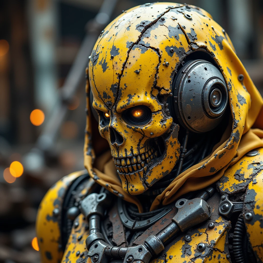 Springtrap, a contagion mechanical rabbit suit all torn apart with little blood and a human body trapped inside it.