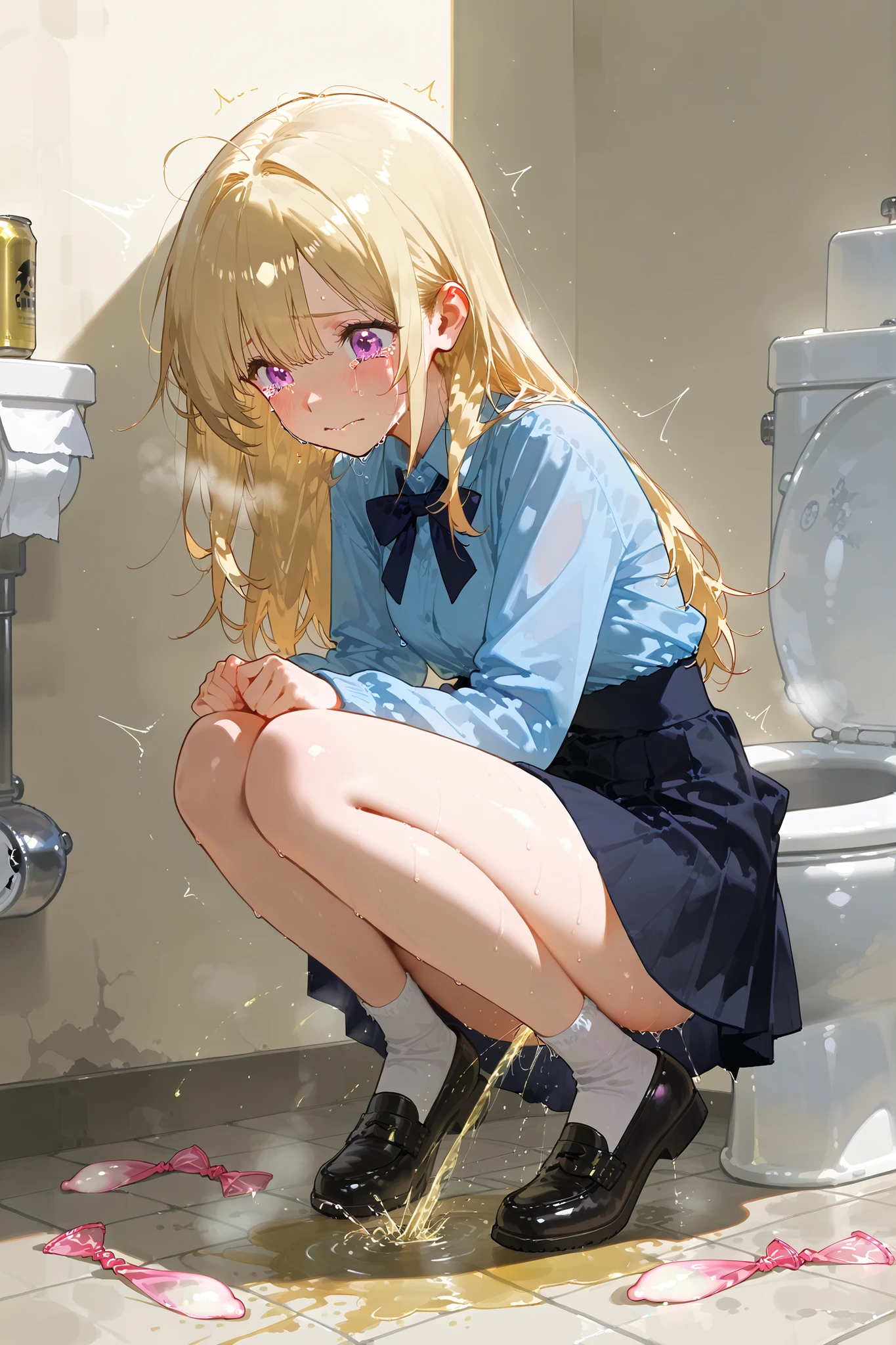 top-quality、8K,{girl1}{1人}Full limbs、complete fingers,short-hair、{ Castles}Sweating,Smaller chest、Toilet in the background、Toilets,(((peeing)))、(embarrassed )、(open your legs)、((((pleasant feeling ))))、