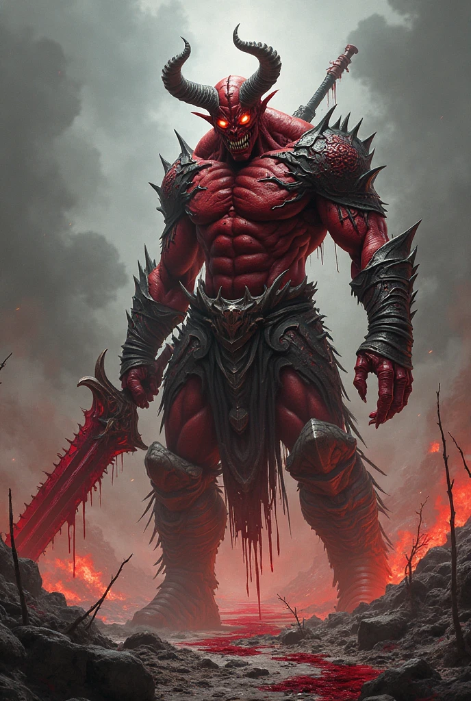 1 angron, butchers nails, dreaded hair, dreads, full body, khorne, Khorne_World, berzerker, red armor, faceless, demon berserker, chaos marine, hyper detailed, angry, clawed hands, blood on clothes, blood on helmet, fangs, stout limbs, demon wings, flying, devil, skulls, chains, spikes, skull pauldron, torn clothes, brass trimming, chaos, warhammer fantasy art,