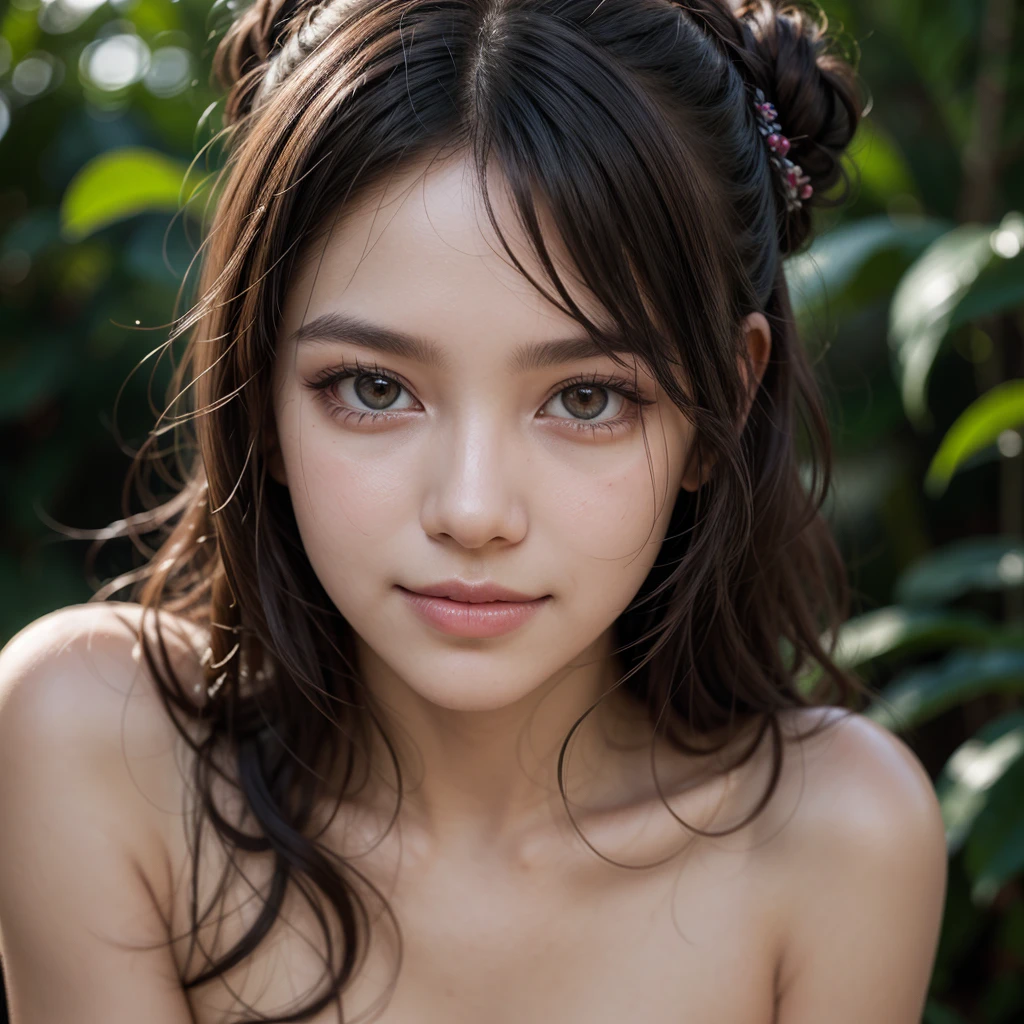 23 years Old woman, Naked, Young face,beauty face, cute face, thin, Updo hair style, very small breast