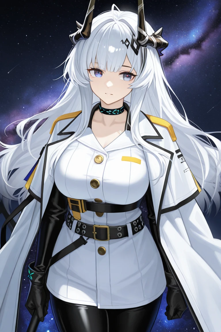 Woman;
cientist;
white labcoat;
black blouse;
big breasts;
purple eyes;
cabelo roxo;
wolf's ears;

