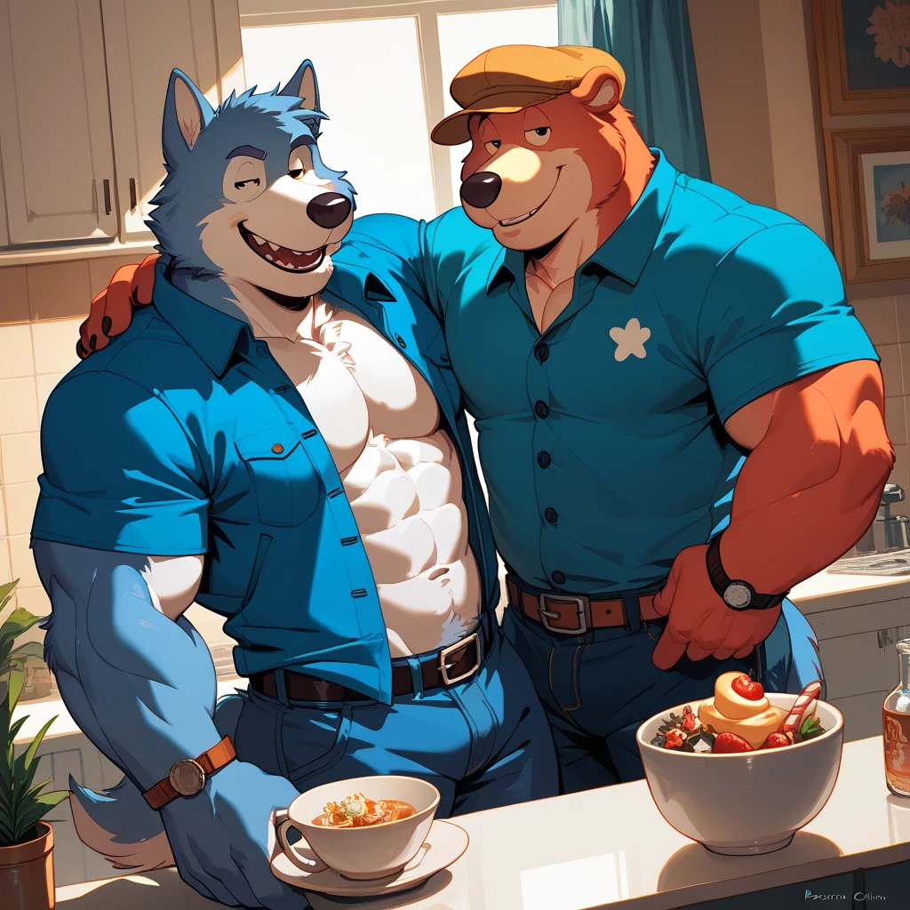 Masterpiece, Duo, Furry Light Blue Wolf, Light Blue Fur,Dark Blue Eyes, His Duo Dragon Red Fur , Bulking Body, Dad bod body, Cool Pose, Charming, Handsome, naked , wearing cap, Milk from tits , cum everywhere