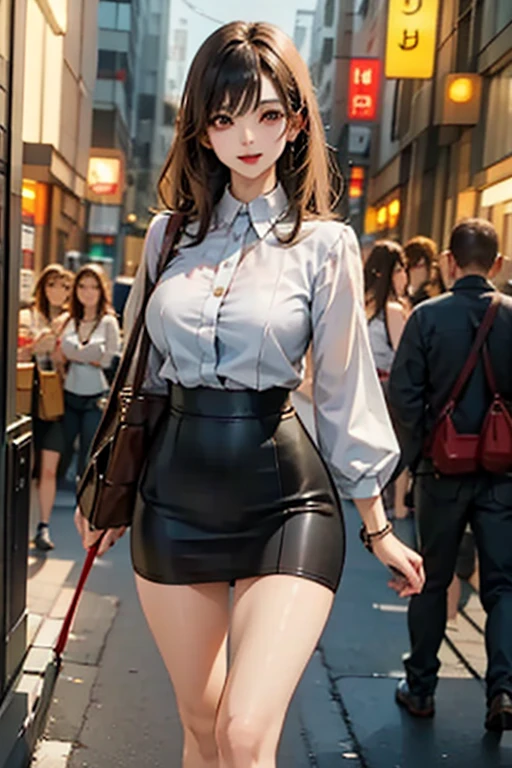 A Japanese woman walking in the city,Buildings,A plant,ssmile,Mixed Korean,The background is blurred out,focal,电影灯光,(((tmasterpiece))), ((best qualtiy)), ((Complex and detailed)), ((ultra-realistic realism)), Ridiculous resolution, A MILF, Mature woman, ssee-through, highly detailed, illustratio, 1girll, (huge tit), Thin waist and thick hips,long leges,beatiful detailed eyes, short detailed hair, brunette color hair, a purple eye, (leisure wear:1.2), jaket, high-necksweater, a skirt, Black collar, 耳Nipple Ring, high-heels, detailed back ground, perfect eyes, Seductive eye, looking at viewert, From the front