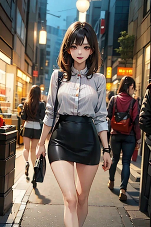 masterpiece, ((best quality)), 4K, ultra-detailed, photorealistic, (1 girl), (full body), (standing), (look at the viewer), (A fascinating eye for perfect detail:1.2), (provocative smile), (blue eyes), (medium breasts), (breasts out), ((wearing a black jacket directly over the naked body)), ((black short skirt)), (black high heels)