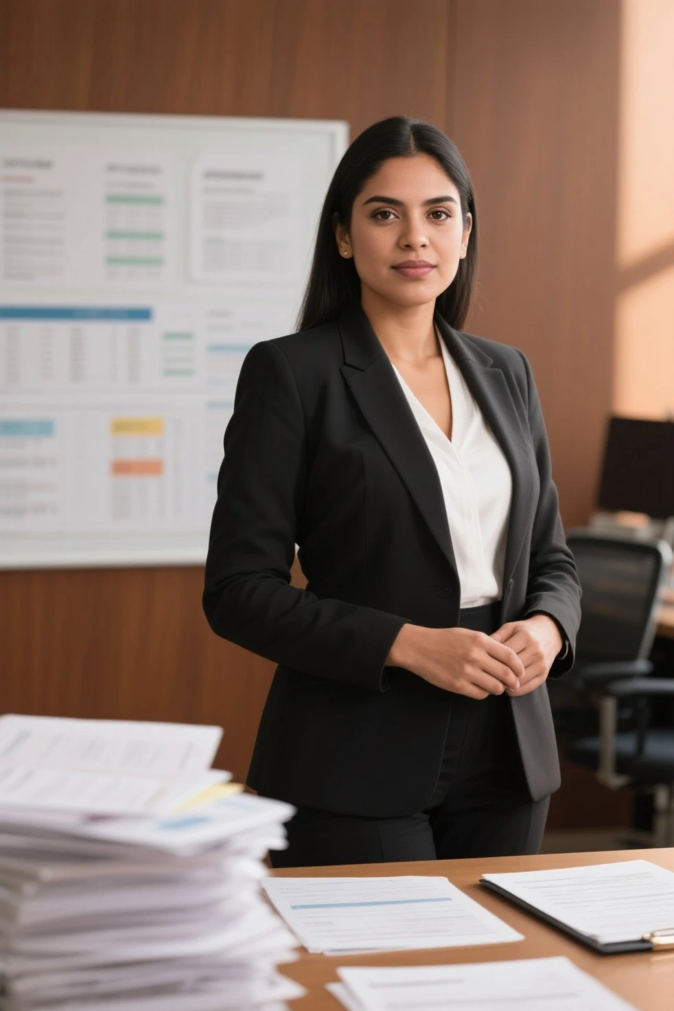 Give me an image of a Colombian woman who is a professional accountant and stands out for her respectable and flawless career