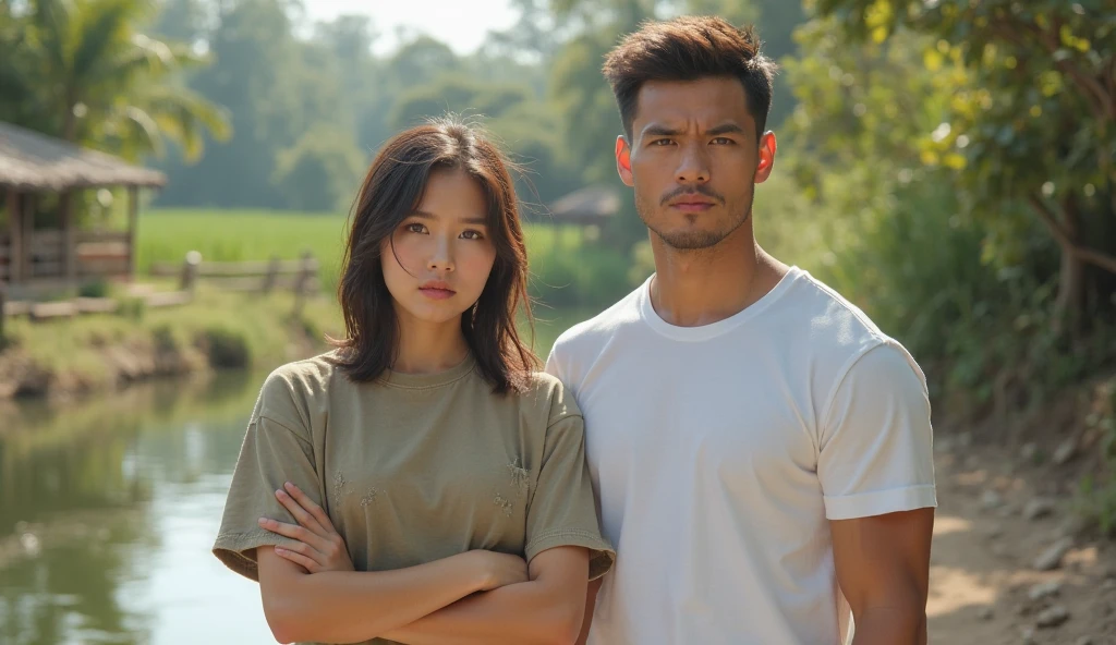 "Perfect face, masterpiece, photo of a handsome 25 year old Indonesian man with undercut hair, wearing Nike shoes, a black singlet with a picture of a tiger, long jeans, shirtless, sitting intimately next to his very beautiful wife. Sitting on the edge of a cliff very deep facing forward with a sad expression, the background is a cloudy sky, below there are grasslands and dense forests, several eagles flying above, very detailed and very real"