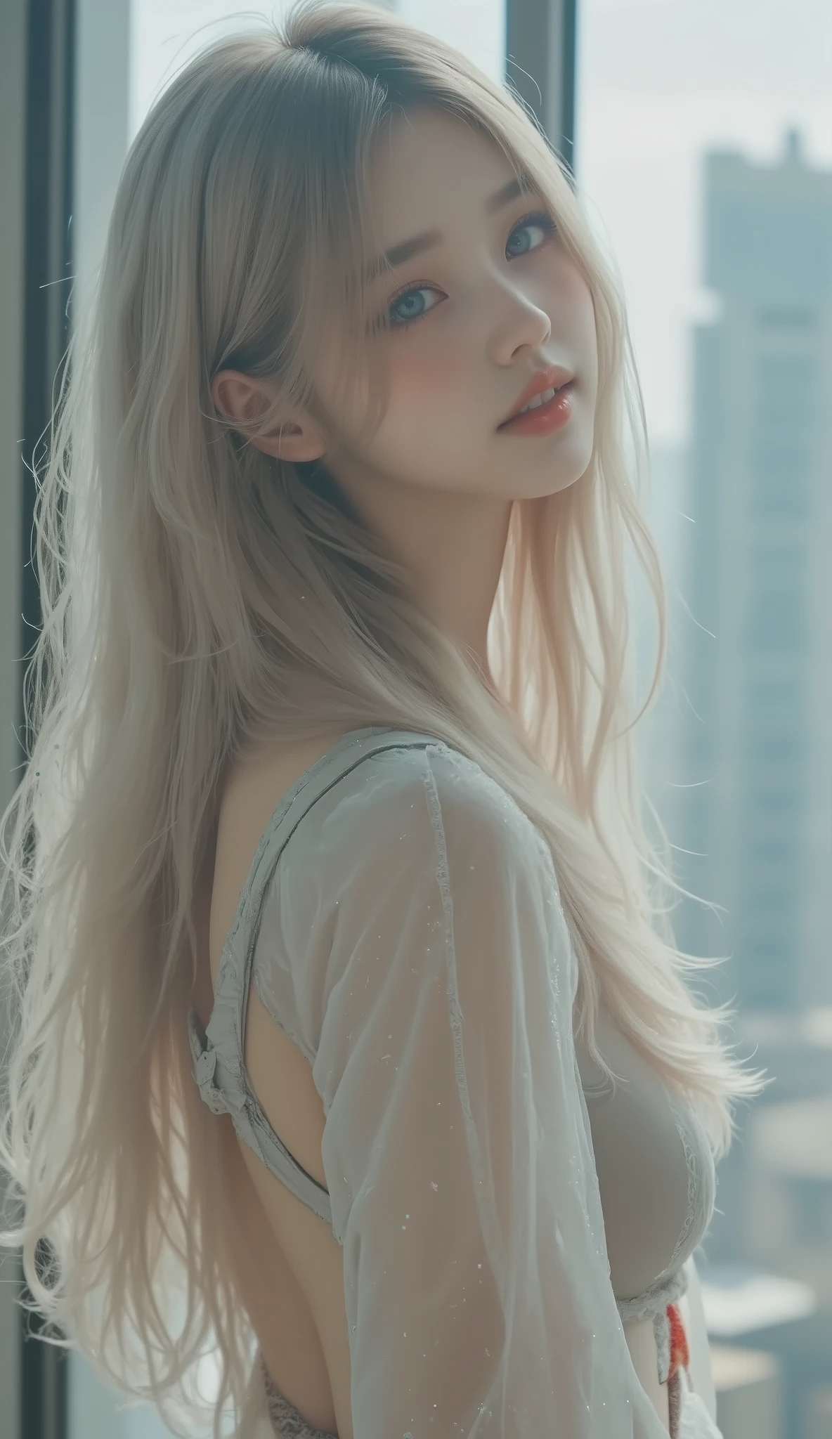 Surrealist style,High image quality of actual photo images,Realistic Portraits,pointillism, wears long flowing hair with a soft scattered texture ,( can see through their nipples ),Nipples visible,Clothes with Calm Gray Colors That Show Through the Ground,1 girl,female, Beautiful Girl with Extraordinary Beauty ,Korean beautiful girl,thin, slender, beautiful eyes,(Extremely small breasts),(Extremely small buttocks),(Extremely Thin Thighs ),(Extremely slim legs),(Beautiful girl with an extremely thin body)long hair,No makeup,No makeup,no makeup,skin exposed on the navel,Straight Hair,silver pink hair color,Deep deep turquoise eye color,happy expression,Thin fabric see-through dress,Novel Design Underwear in Light Pastel Colors,string-shaped thin underwear,micro mini underwear with the smallest area,beautiful portrait above the knee,Super Futuristic City Background,interior,dynamic pose,Detailed Background, detailed eyes,masterpiece,absurd quality,(Portrait of a Beautiful Beautiful Girl Above the Knee),(Novel Design Outfit with Thin Fabric),