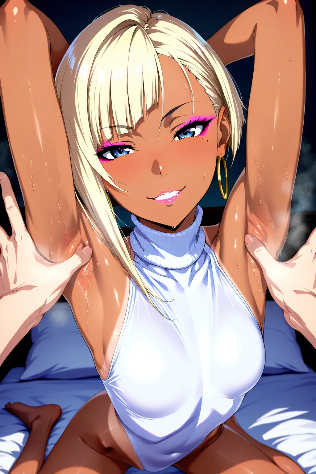 (young girl ,short stature,gyaru) ,flat chest,nsfw,big head, rotund.see-through one-piece-swimsuit,, random long hair,