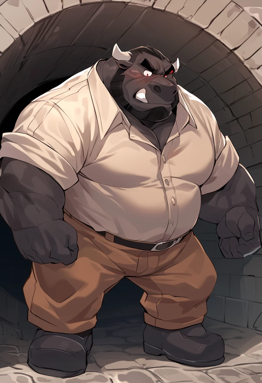 Anthro(mastiff:1.3),musculaire,Muscular arms,gros pectoraux,(tied with ropes:1.5),(Bondage sur corde:1.4),(musele:1.3),(arms behind the back:1.5),se promener dans les rues d'A medieval village,(expression provocante),prisonnier,en laisse,Vue de face,view from above,vaincre,Abducted,Captured,esclavage