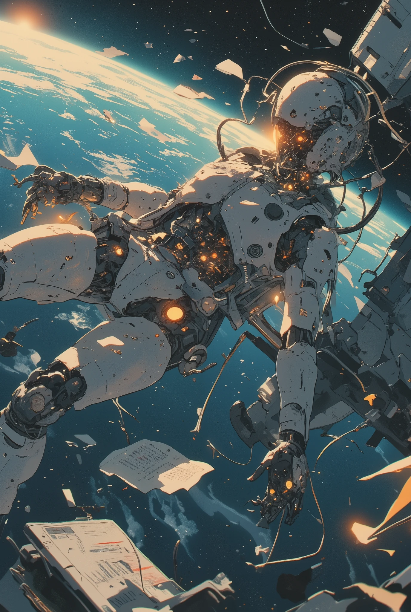 drifting silently in Earth’s orbit,
the remains of a humanoid robot float among scattered fragments — a shattered faceplate, severed limbs, delicate wires unraveling like threads of memory,
its chest cavity is torn open, dimly glowing with a dying orange light,
its fingers reach out as if in the final moments of thought or connection, frozen forever in the vacuum of space,
far below, Earth’s gentle curve glows blue, a reminder of life it once served,
among the debris: a cracked mission badge, a torn notebook page fluttering slowly like a forgotten promise,
the stars stretch infinite behind it, cold and watching,
illustrated in a cinematic and emotional photorealistic style, soft color grading, golden rim lights, distant sun flare,
the scene is silent, suspended — a requiem for artificial purpose and distant hope
