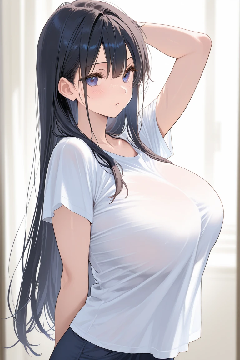 Long black hair Japanese women Well-groomed White T-shirt White mini skirt Slender body FCup boobs Pitiful clear glossy gracefulness Mature face smiling breast enhancement locker room