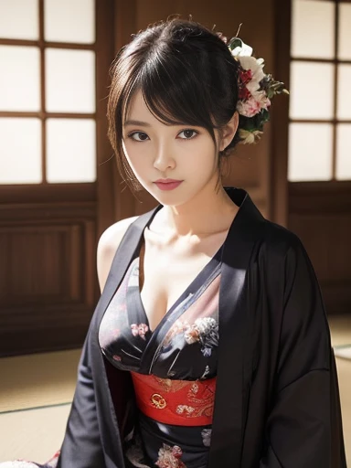 ((oiran woman)),(top-quality、8K、32K、​masterpiece、超A high resolution、nffsw:1.3)、(Japan idol:1.3)、1girl in、(cute tits)、((extremely cute breasts)),(short-hair)、abdominals、the perfect body、,((oiran woman)), Delicate facial features, Ultra-realistic, Hyper-realistic, clavicle、Shadow、octan render、((maikurobikini)),((Wear a beautiful kimono with a high degree of exposure)),hyperdetailed face、Detailed lips、finely eye、double eyelid、(Enchanting)、((agitation:1.5))、maikurobikini、、、((Female ninja)),Kunoichi Ninja、、Mystical expression、shrine background、Old Town of Japan、((heavy breasts)),Toostock、mecosuji、Kimono with colorful floral pattern、highcontrast、(((Brightly colored kimono))), small breasts、,flicker、Kimono comes off、(arms at side down), Smile shyly, smile with a smile,
