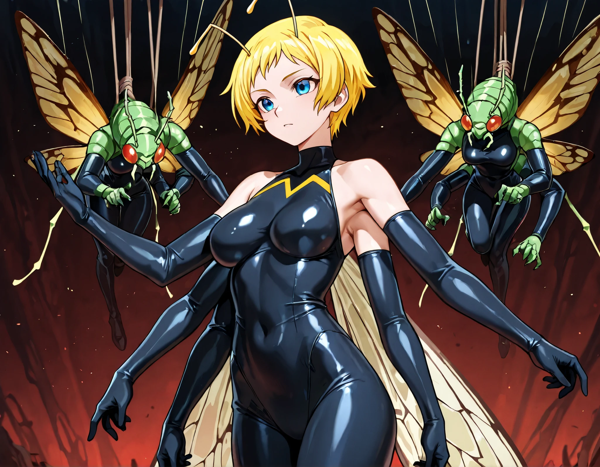 Yar, Yars' Revenge, an anime girl with blonde hair, very short hair, antennae hanging from back of head, insect wings, four arms, 4arm, wearing a skin tight suit, bare shoulders, sleeves