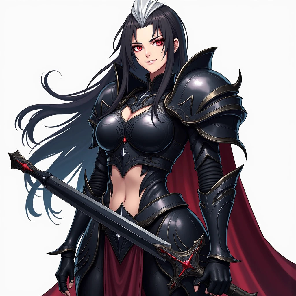 Girl, black long hair, red eyes, medium breasts, black armor, black cape, black giant darkness sword