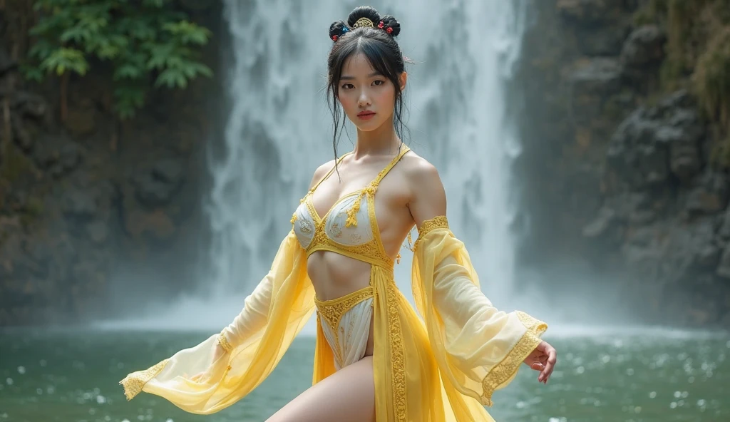 。Fantasy immortal cultivation novel, The girl holding the divine water fish looks exquisite, Expressions contain emotion, Chinese gold elements, colours, Translucent, Immortal clothing, There are stripes on the forehead, white color hair,And there are Chinese beauties in appearance, Huge breasts, Fairy-like, Sensual and alluring, big assa,Long legs,Ancient martial arts live-action CG animation sketch, Long hair, Waist-length skin, Oily and high resolution,Thick thighs,Chinese Wonderland Background 8K Ultra HD Ultra Detailed, High quality textures, intricately details, detaileds, Very detailed CG, High quality shadows, Detail Beautiful delicate face, Detail Beautiful delicate eyes, depth of fields, Ray traching, in her 20s,Mirror fairy in hand,White mist,Golden light,White mist,Outdoors under Erlang's legs