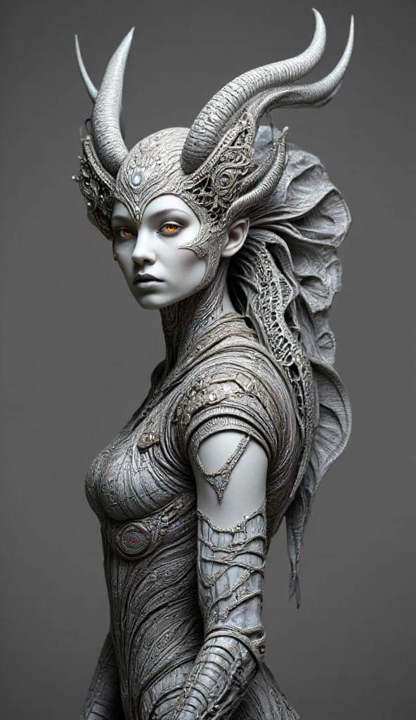 A 3D render of a gothic fantasy photo of a sensual, sexy Albino Goddess with white corset and White horns on her head. She has extremely long, ultra-realistic white Dreads hair. The goddess is wearing black Goth makeup. The background is a dark, cave-like setting with stalactites and stalagmites. The overall image has a dark, moody ambiance with a reddish hue.