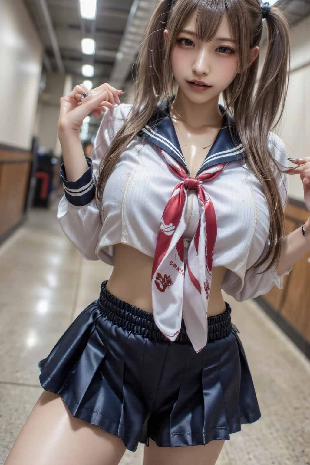Anime girl posing for photo, hyperRealistic high school girl, Realistic high school girl, a hyperRealistic high school girl, have large breasts, high school girl, Very detailed giantess shot, (SFW) Safe at Work, Dressed as a high school girl, Big Breasts!, In clothes! Very detailed, have large breasts, SFW huge breasts, cute