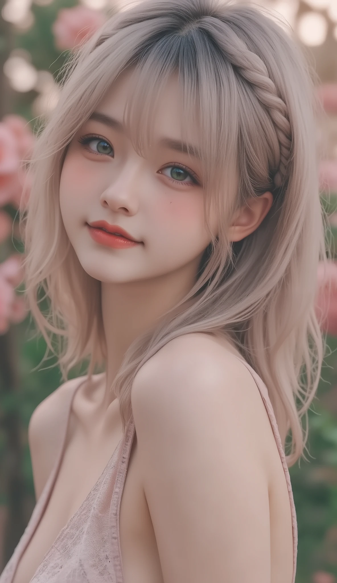 Surrealist style,High image quality of actual photo images,Realistic Portraits,pointillism,soft scattered texture,( can see through their nipples ),Nipples visible,Underwear with a light pastel color {x} Underwear with a light pastel color that shows through the scalp,1 girl,female, Beautiful Girl with Extraordinary Beauty ,Korean beautiful girl,thin, slender, beautiful eyes,(Extremely small breasts),(Extremely small buttocks),(Extremely Thin Thighs ),(Extremely slim legs),(Beautiful girl with an extremely thin body)long hair,No makeup,No makeup,no makeup,skin exposed on the navel,Straight Hair,silver pink hair color,Deep deep turquoise eye color,happy expression,Thin fabric see-through dress,Novel design underwear in light pastel colors,string-shaped thin underwear,micro mini underwear with the smallest area,Pink headband,braided headband,beautiful portrait above the knee,Chinese Background, Outdoors, peach,dynamic pose, hello,Detailed Background, detailed eyes,masterpiece,absurd quality,