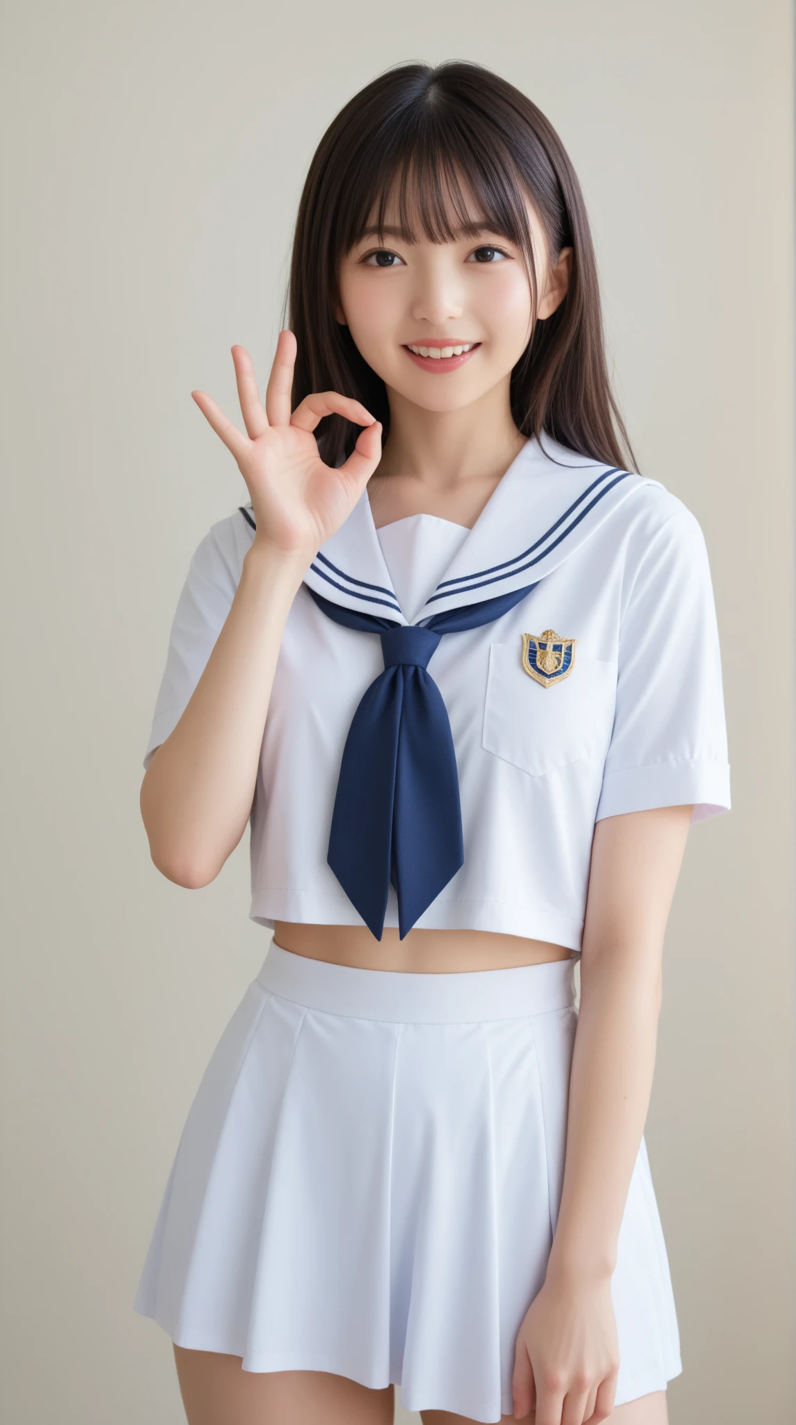 neat college girl, (school uniform, sailor uniform, ribbon tied at chest, summer clothes, upper body white, skirt dark blue, short sleeves), outside the athletic field, (slim), photorealistic, detail, skin texture, ultra detail, delicate and sexy collarbone, smile, super detailed face, detailed lips, detailed eyes, double eyelids, small breasts, small breasts, small, flat breasts, breast emphasis