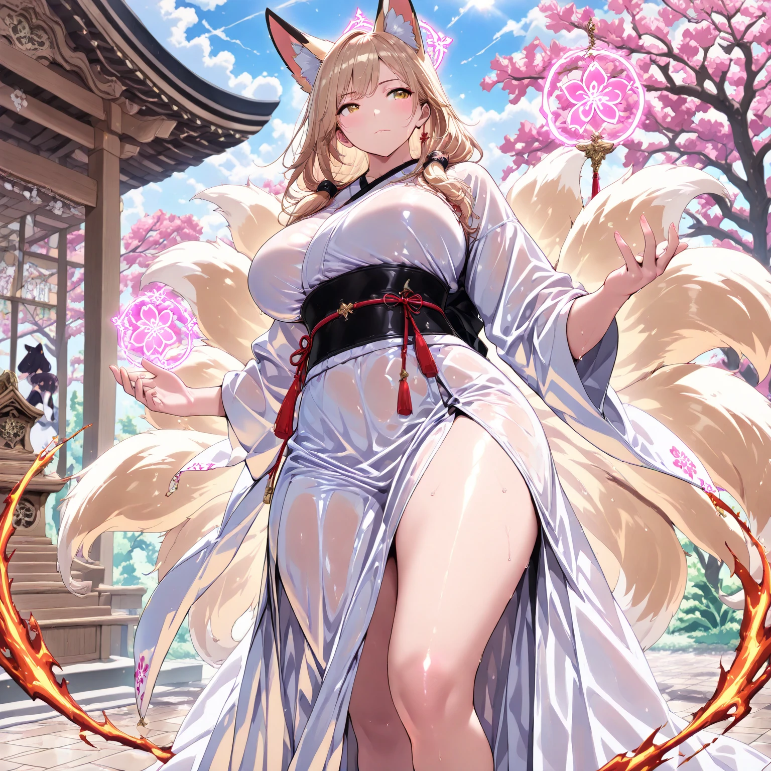 Highest quality, masterpiece, Ultra-high resolution, female、獣族のfemale王、Big Super Boobs、Tied waist、White skin、Snow Fox Beastman、Kemomimi、tail、single、Clothing that accentuates the contours of the body、Short skirt、valley、fascinate、Hands on hips、Confident