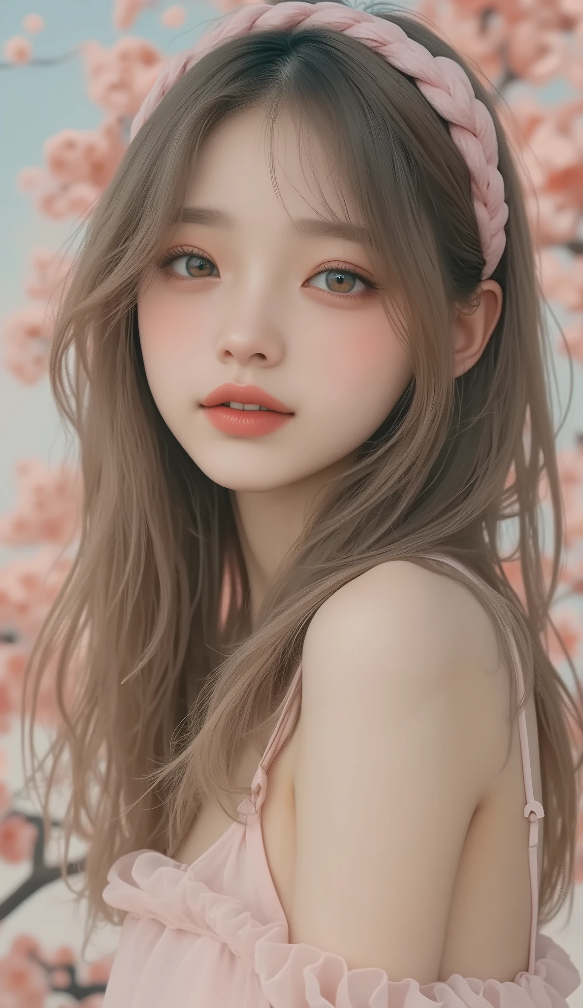 Surrealist style,High image quality of actual photo images,Realistic Portraits,pointillism,soft scattered texture,( can see through their nipples ),Nipples visible,Underwear with a light pastel color {x} Underwear with a light pastel color that shows through the scalp,1 girl,female, Beautiful Girl with Extraordinary Beauty ,Korean beautiful girl,thin, slender, beautiful eyes,(Extremely small breasts),(Extremely small buttocks),(Extremely Thin Thighs ),(Extremely slim legs),(Beautiful girl with an extremely thin body)long hair,No makeup,No makeup,no makeup,skin exposed on the navel,Straight Hair,silver pink hair color,Deep deep turquoise eye color,happy expression,Thin fabric see-through dress,Novel design underwear in light pastel colors,string-shaped thin underwear,micro mini underwear with the smallest area,Pink headband,braided headband,beautiful portrait above the knee,Chinese Background, Outdoors, peach,dynamic pose, hello,Detailed Background, detailed eyes,masterpiece,absurd quality,