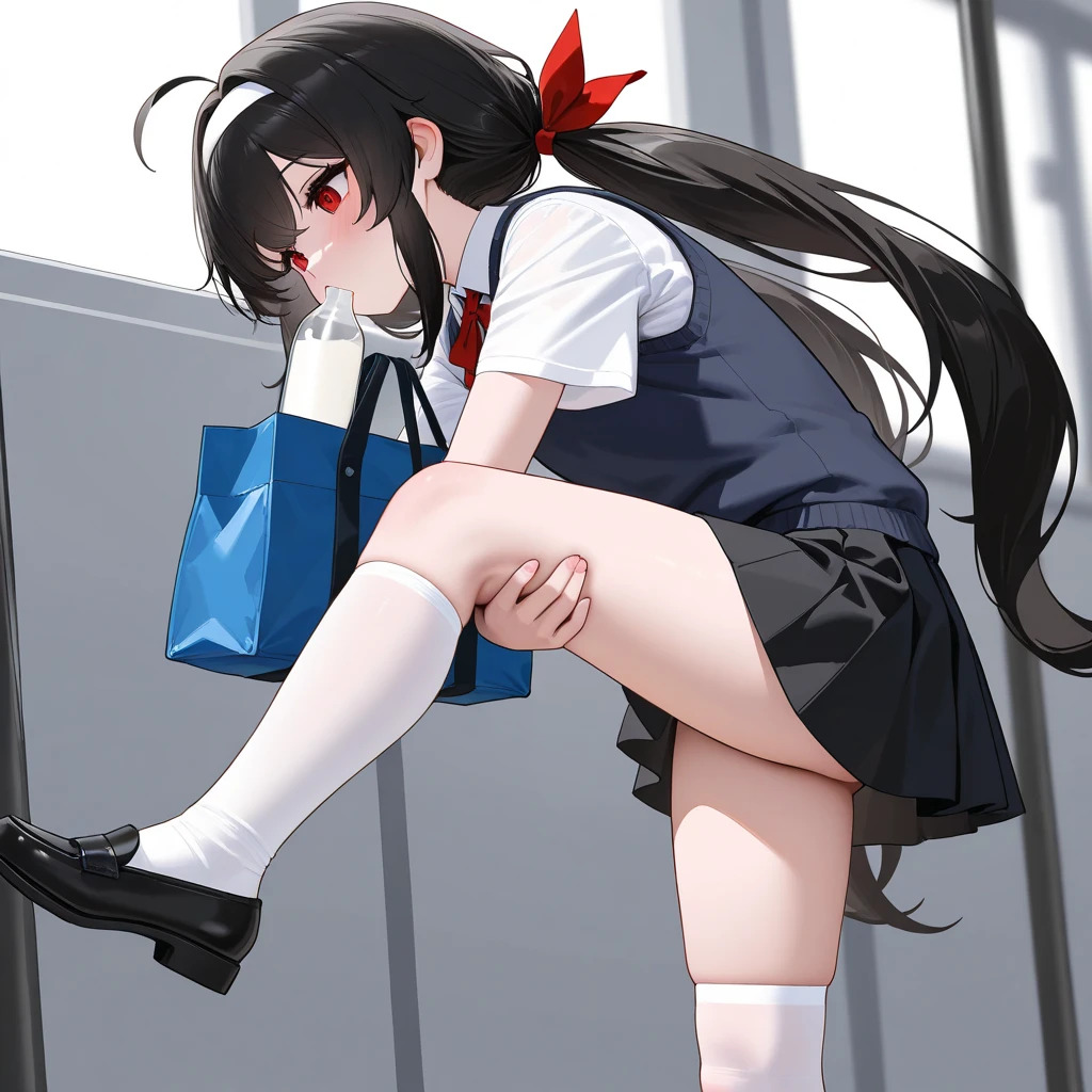 An exhibitionist woman takes off her blue long-sleeved tracksuit in school in the gym storage room, blush