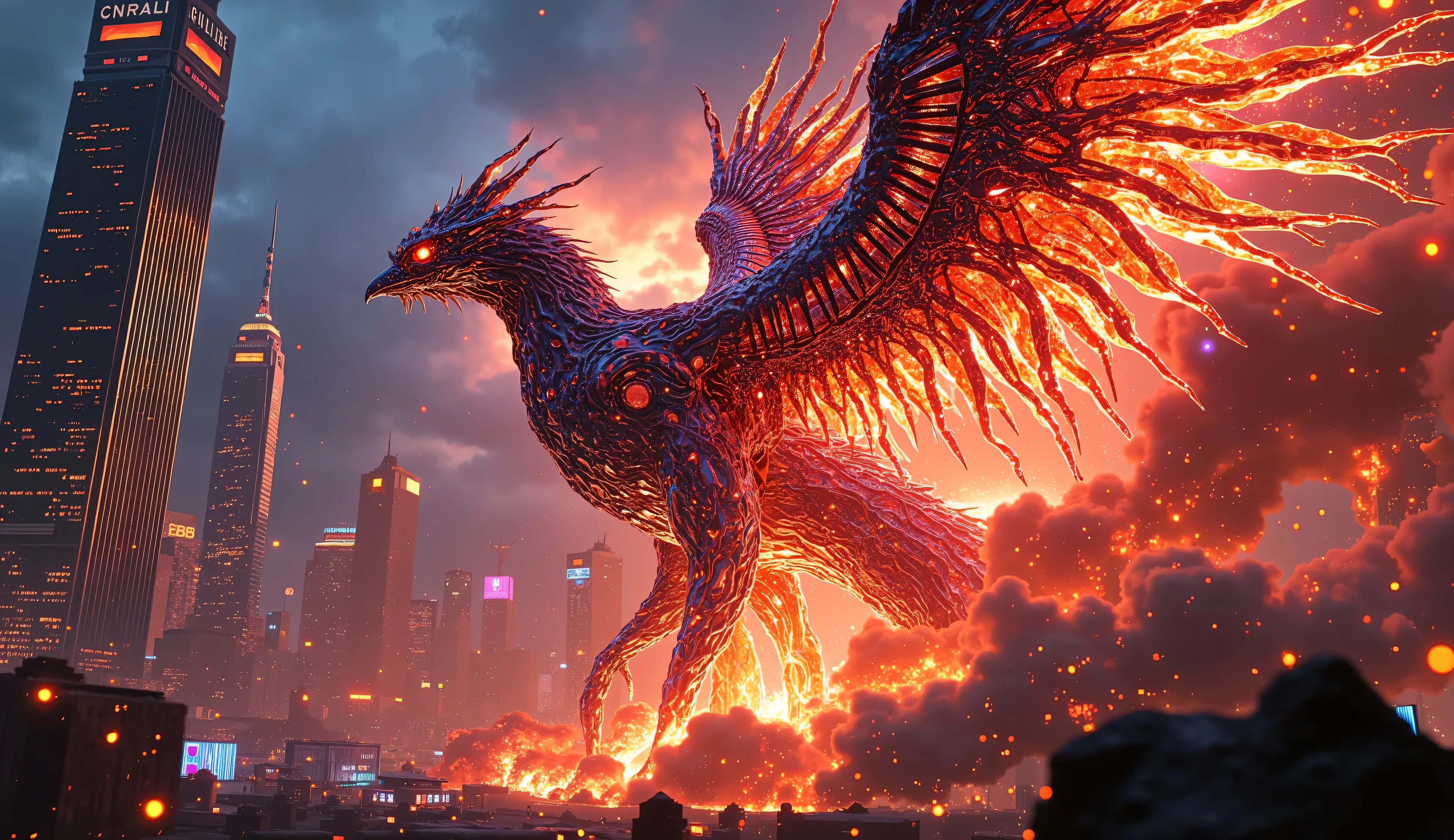 metal phoenix, futuristic cyberpunk city, rising from ashes in a dramatic rebirth, surrounded by neon skyscrapers and glowing signs, dystopian smog-filled skyline, cinematic backlighting with sparks and plasma glow, by Syd Mead and H.R. Giger, cyberpunk concept art, digital painting, fantasy sci-fi illustration, glowing red-orange and electric blue color scheme, Unreal Engine render, trending on ArtStation, ultra-detailed, cinematic quality, masterpiece, 8k, HDR, intricate, dramatic lighting, fire particles, flying sparks, night setting