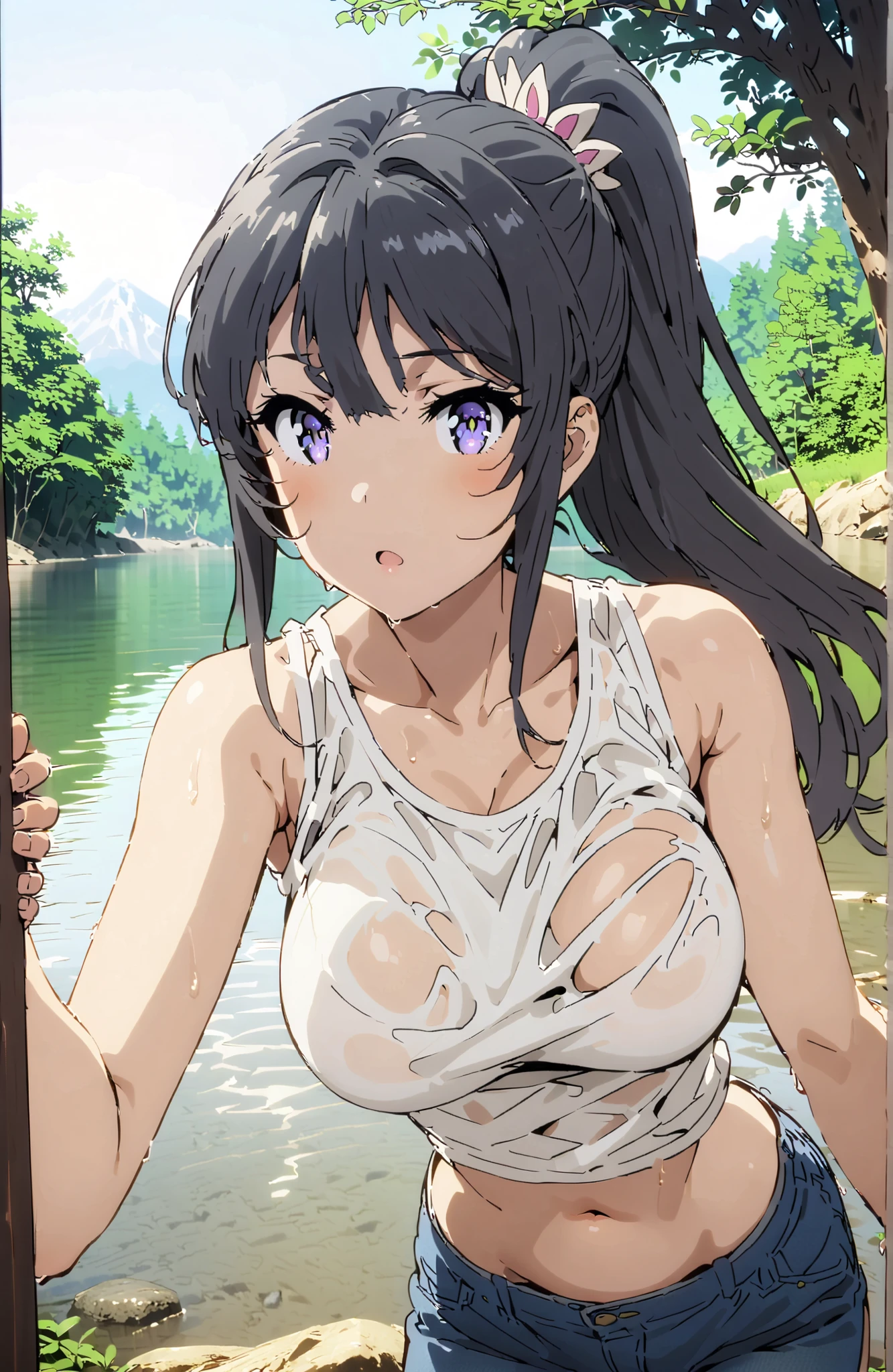 score_9, score_8_up, score_7_up, source_anime,
household,
Mai Sakurajima, Bang, black hair, hair ornament, purple eyes in gla,side lock with s2 co,ponytail,Big Breasts,tank top,tank topの裾を縛る,belly button out,denim micro shorts,see through,wet hair,wet clothes,wet skin,river遊び, playing in the water,river,forest,Mountain,Submersion,full bodyがイラストに入るように,in their 40s looking at viewer,full body,
in their 40s outdoors,nature,
in their 40s (masterpiece:1.2), best quality, high res, Unity 8Kの壁紙, ( 's art :0.8), (beautiful detailed eyes:1.6), very detailed face, perfect lighting, very detailed CG, (perfect hand in h, Perfect Anatomy),
